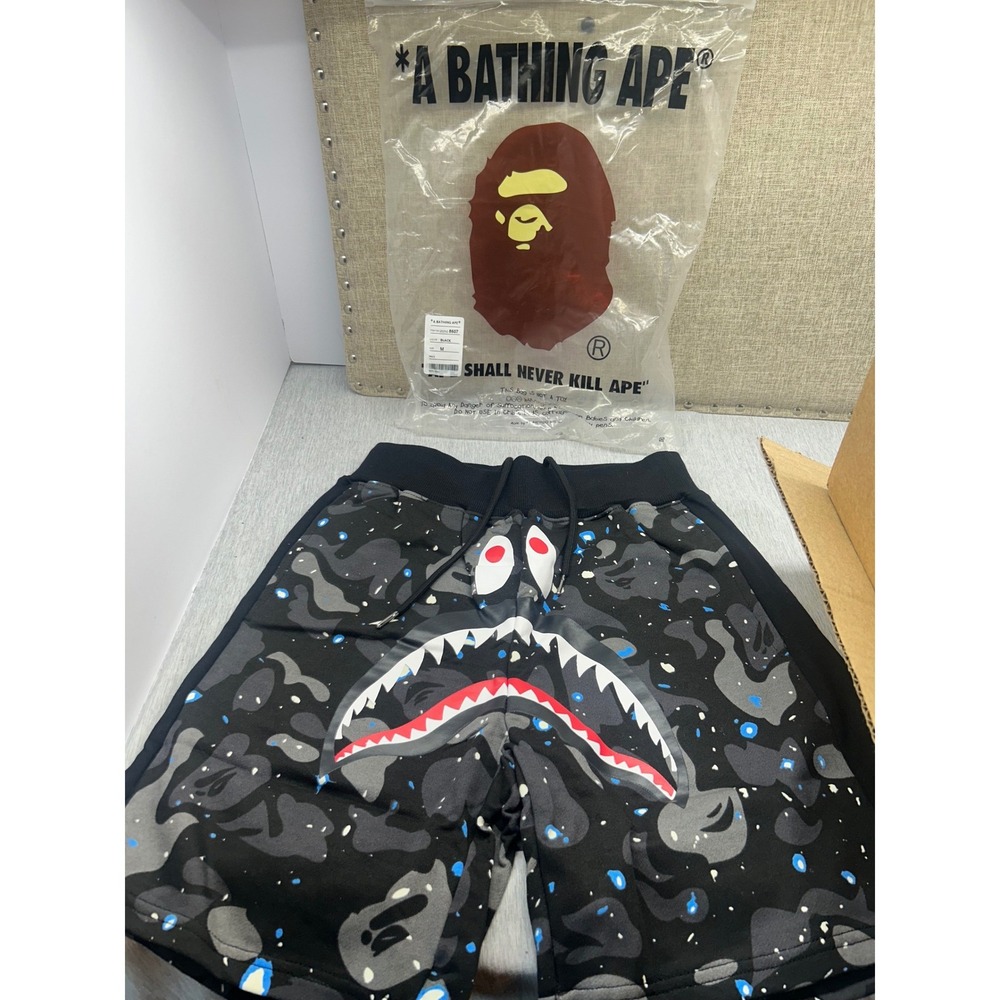 A Bathing Ape BAPE Space Camo Shark Sweat Shorts Black Galaxy Mens Size M NEW